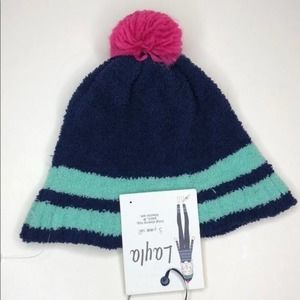 Layla plush striped beanie hat with puff